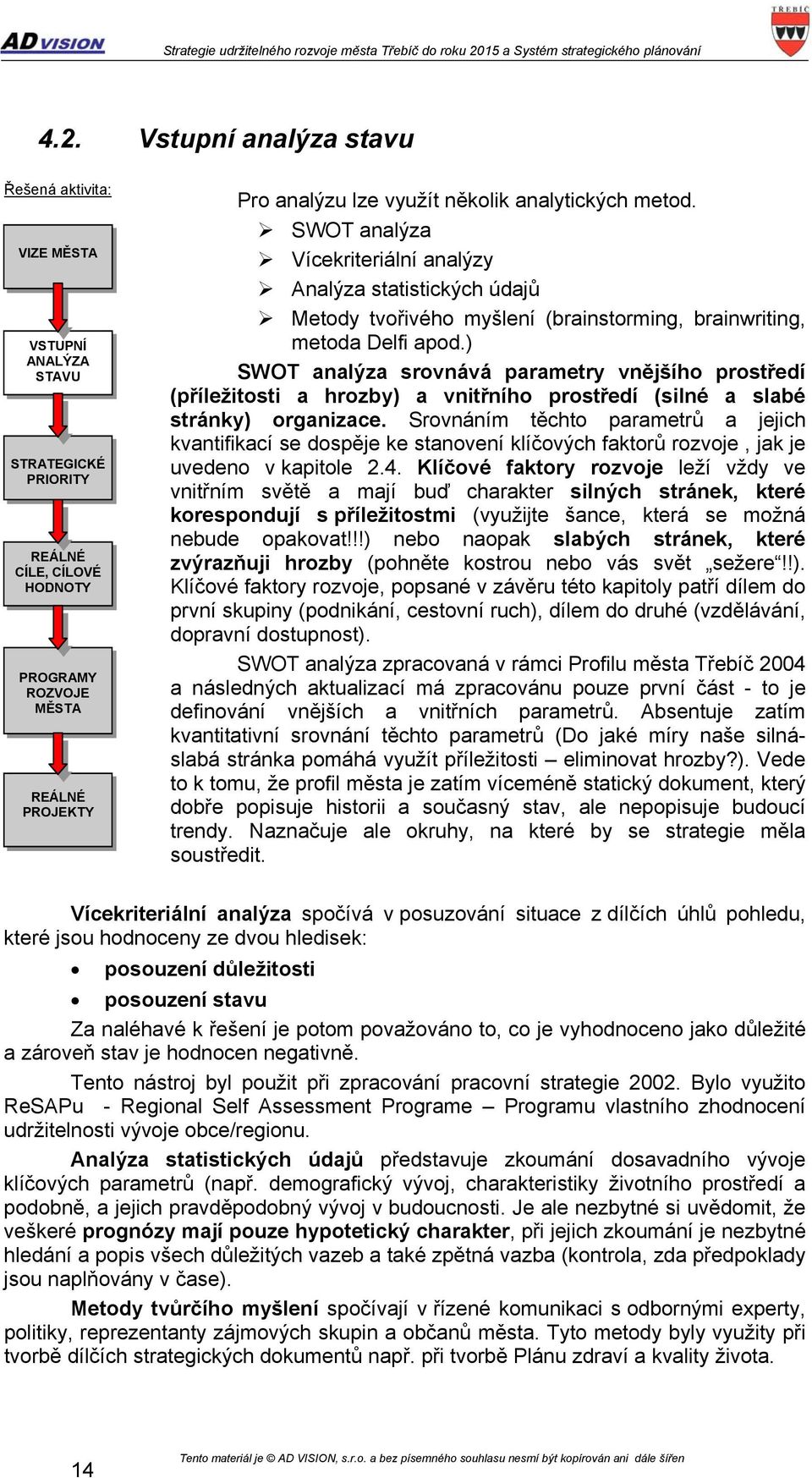 ) SWOT analýza srovnává parametry vnějšího prostředí (příležitosti a hrozby) a vnitřního prostředí (silné a slabé stránky) organizace.