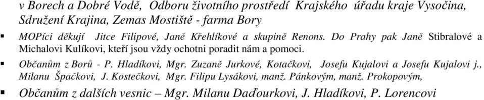 Do Prahy pak Janě Stibralové a Michalovi Kulíkovi, kteří jsou vždy ochotni poradit nám a pomoci. Občanům z Borů - P. Hladíkovi, Mgr.