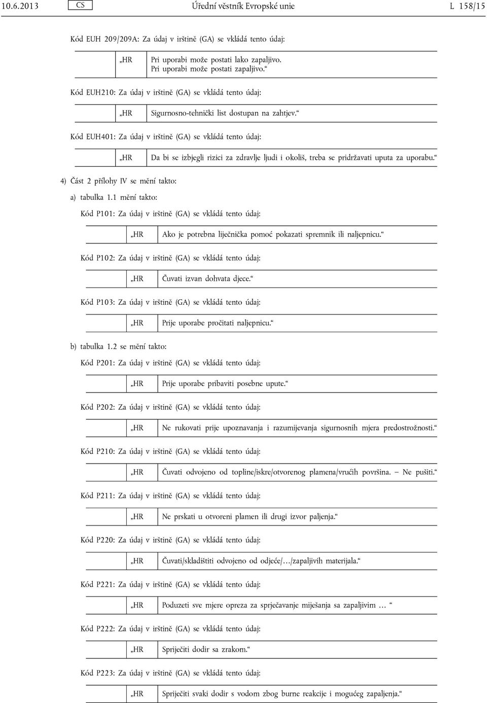 Kód EUH401: Za údaj v irštině (GA) se vkládá tento údaj: Da bi se izbjegli rizici za zdravlje ljudi i okoliš, treba se pridržavati uputa za uporabu. 4) Část 2 přílohy IV se mění takto: a) tabulka 1.