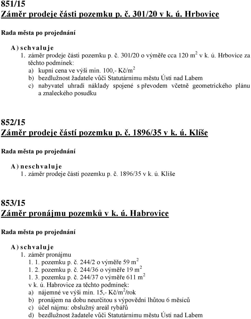 pozemku p. č. 1896/35 v k. ú. Klíše A) n es ch valuje 1. záměr prodeje částí pozemku p. č. 1896/35 v k. ú. Klíše 853/15 Záměr pronájmu pozemků v k. ú. Habrovice 1. záměr pronájmu 1. 1. pozemku p. č. 244/2 o výměře 59 m 2 1.