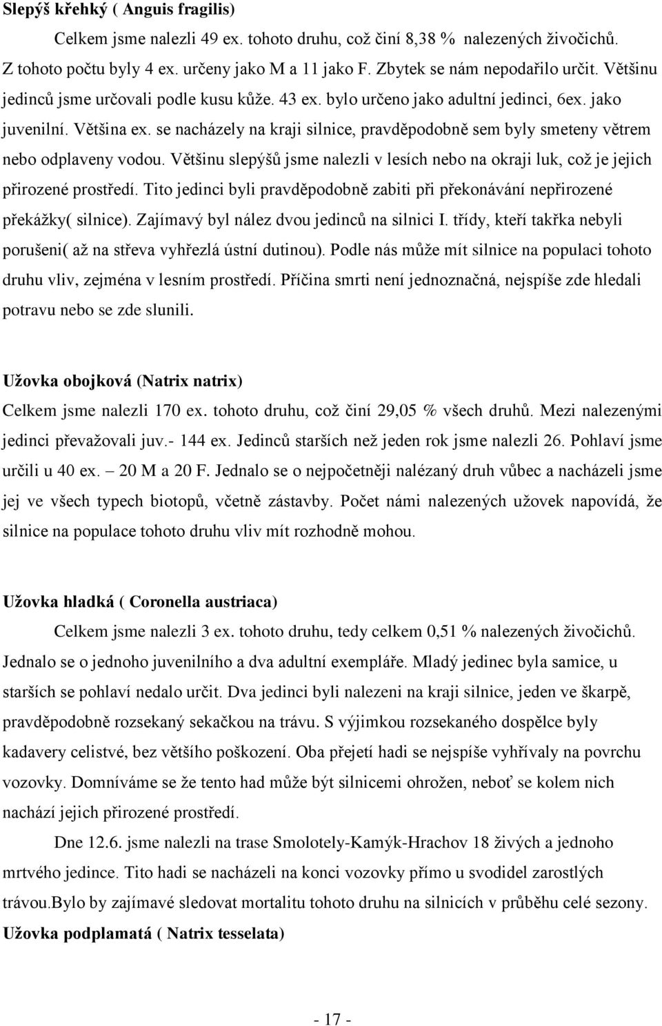 se nacházely na kraji silnice, pravděpodobně sem byly smeteny větrem nebo odplaveny vodou. Většinu slepýšů jsme nalezli v lesích nebo na okraji luk, coţ je jejich přirozené prostředí.