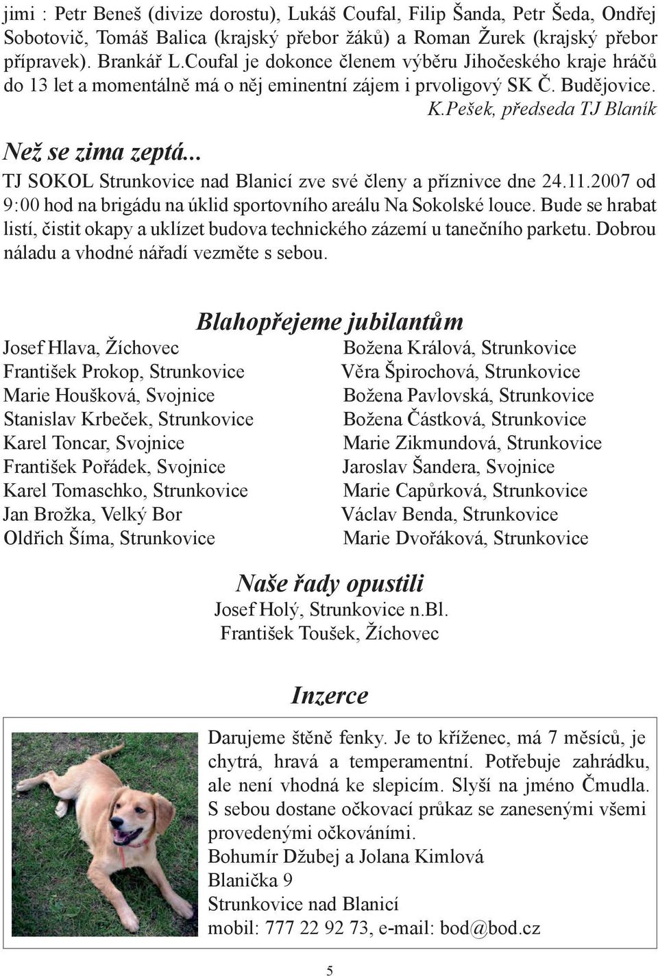 .. TJ SOKOL Strunkovice nad Blanicí zve své členy a příznivce dne 24.11.2007 od 9 : 00 hod na brigádu na úklid sportovního areálu Na Sokolské louce.