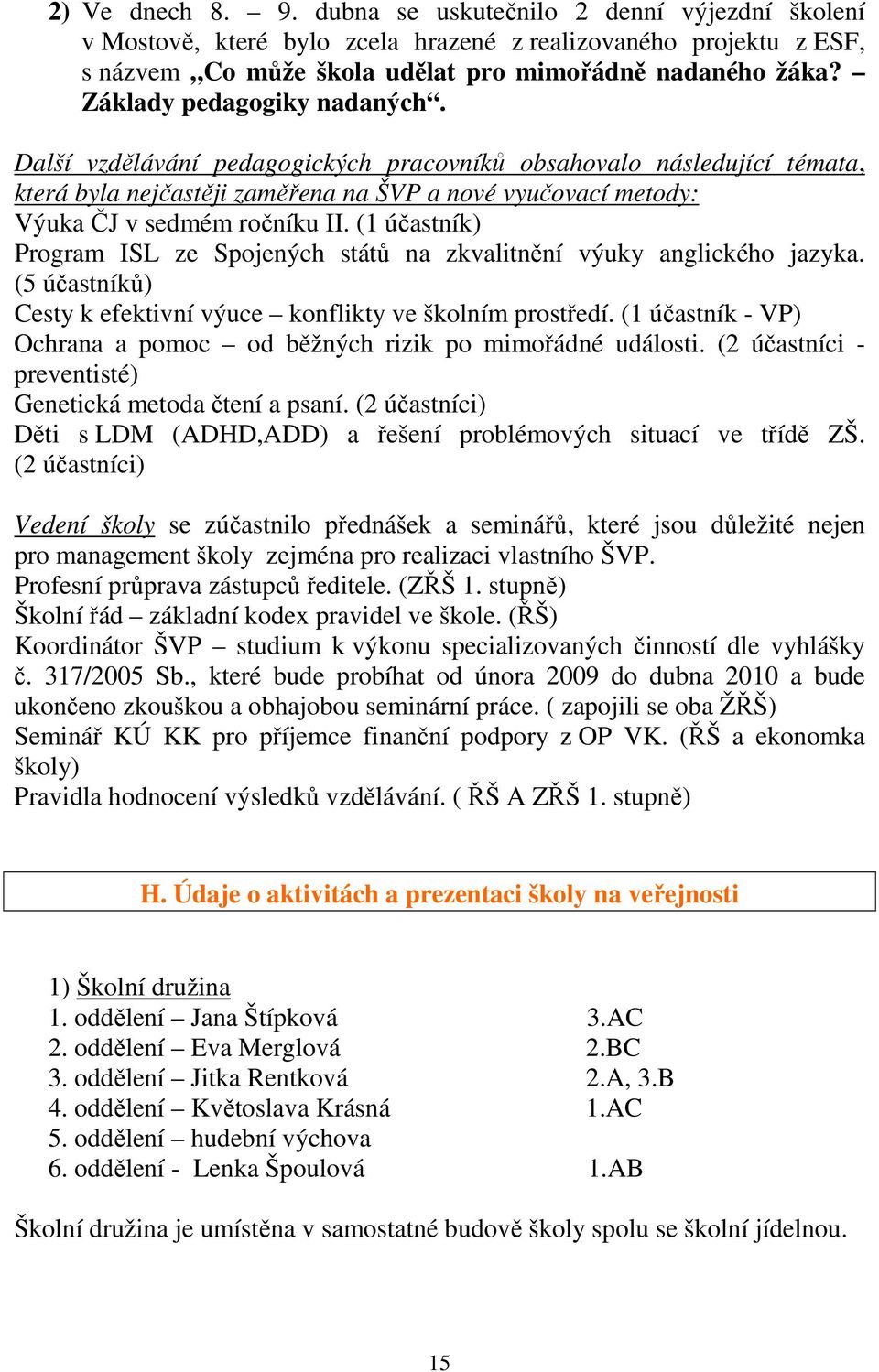 (1 účastník) Program ISL ze Spojených států na zkvalitnění výuky anglického jazyka. (5 účastníků) Cesty k efektivní výuce konflikty ve školním prostředí.