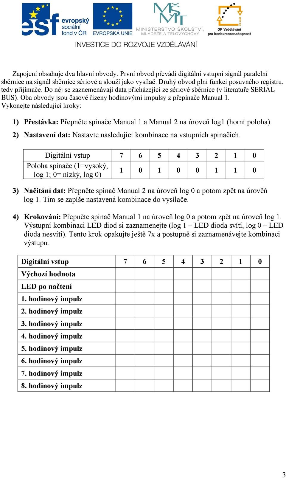 Oba obvody jsou časově řízeny hodinovými impulsy z přepínače Manual 1. Vykonejte následující kroky: 1) Přestávka: Přepněte spínače Manual 1 a Manual 2 na úroveň log1 (horní poloha).