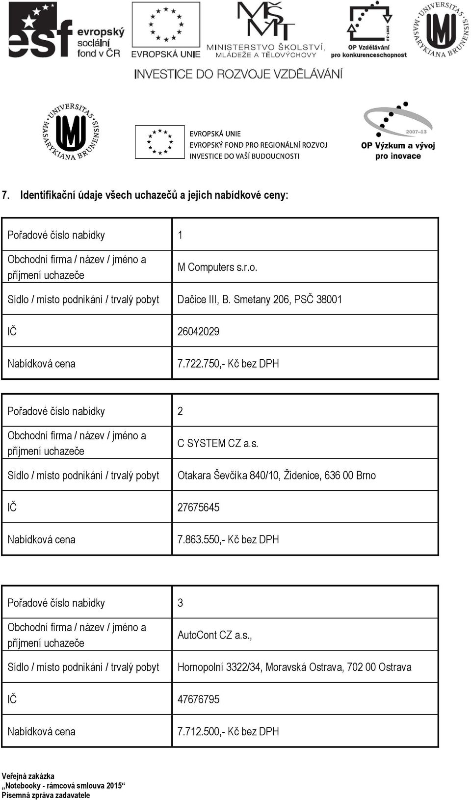 750,- Kč bez DPH Pořadové číslo nabídky 2 Obcní firma / název / jméno a příjmení uchazeče Sídlo / místo podnikání / trvalý pobyt C SYSTEM CZ a.s. Otakara Ševčíka 840/10, Židenice, 636 00 Brno IČ 27675645 Nabídková cena 7.