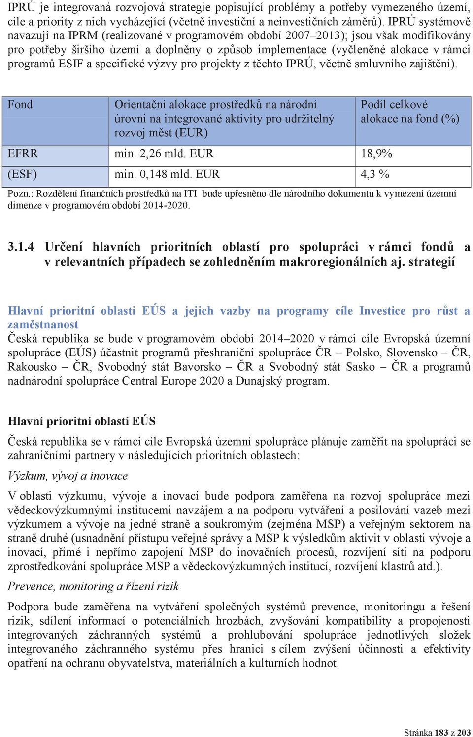 ESIF a specifické výzvy pro projekty z těchto IPRÚ, včetně smluvního zajištění). Fond Orientační alokace prostředků na národní úrovni na integrované aktivity pro udržitelný rozvoj měst (EUR) EFRR min.