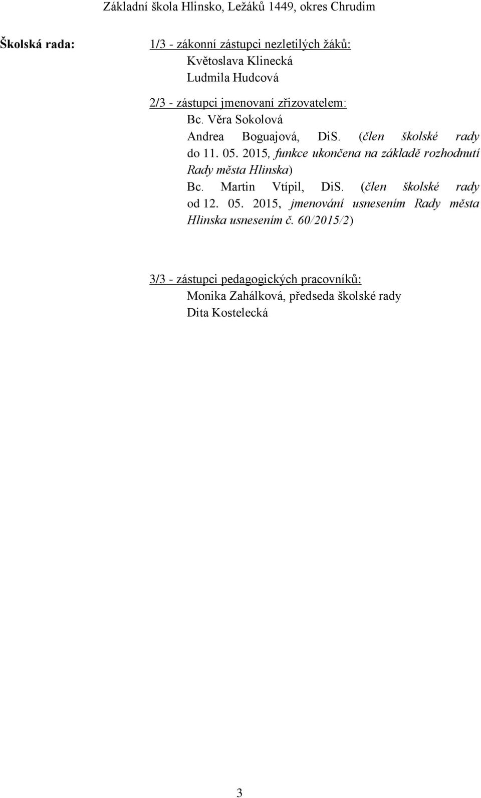 2015, funkce ukončena na základě rozhodnutí Rady města Hlinska) Bc. Martin Vtípil, DiS. (člen školské rady od 12. 05.