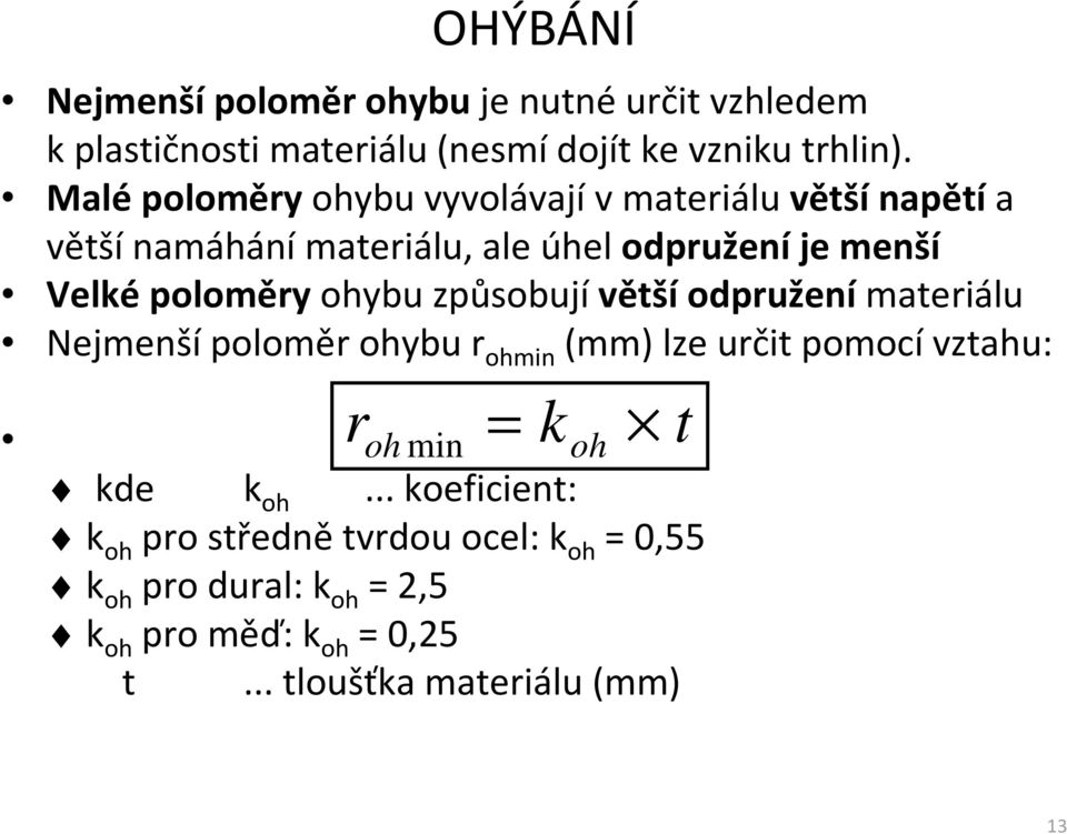 ohybu způsobují větší odpružení materiálu Nejmenšípoloměr ohybu r ohmin (mm) lze určit pomocívztahu: r = k t min oh oh kde