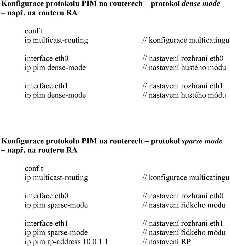 // nastavení hustého módu // nastavení rozhraní eth1 // nastavení hustého módu Konfigurace protokolu PIM na routerech protokol sparse mode např.