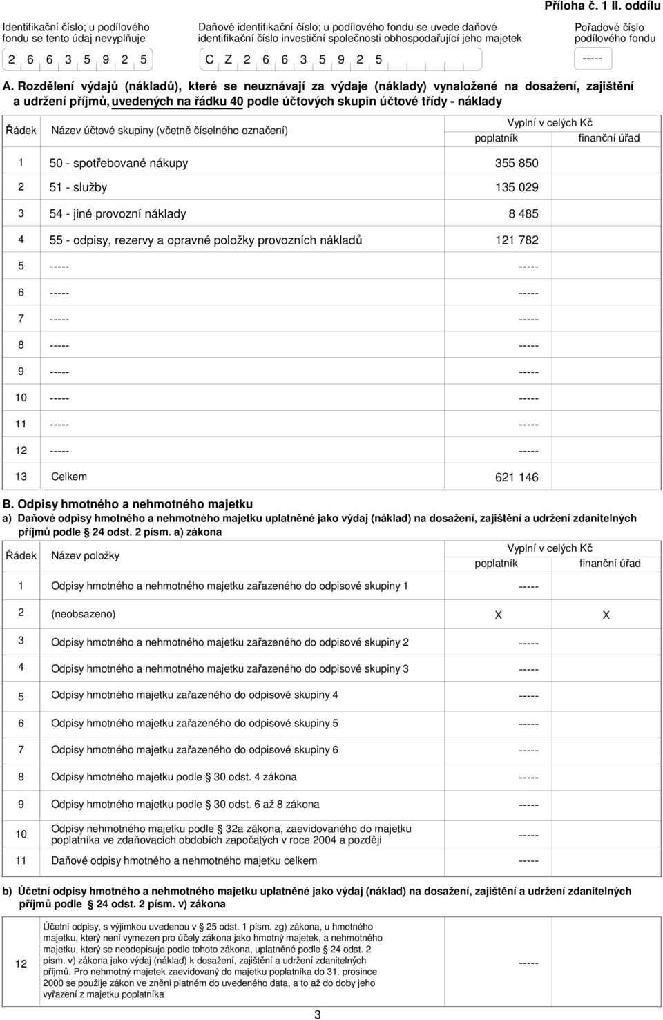 Rozdělení výdajů (nákladů), které se neuznávají za výdaje (náklady) vynaložené na dosažení, zajištění a udržení příjmů, uvedených na řádku 0 podle účtových skupin účtové třídy - náklady Název účtové