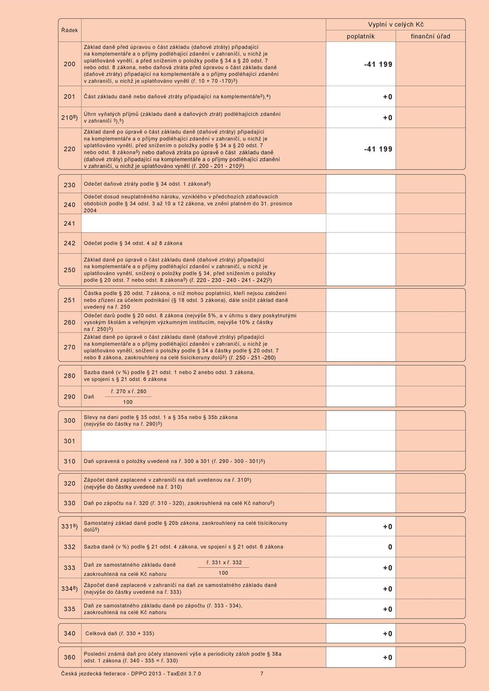 8 zákona, nebo daňová ztráta před úpravou o část základu daně (daňové ztráty) připadající na komplementáře a o příjmy podléhající zdanění v zahraničí, u nichž je uplatňováno vynětí (ř.