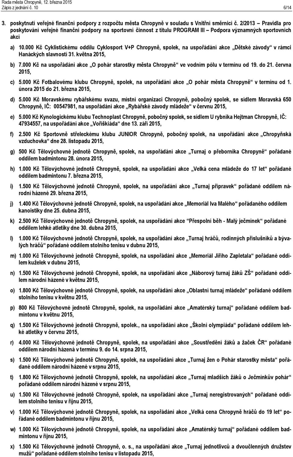 000 Kč Cyklistickému oddílu Cyklosport V+P Chropyně, spolek, na uspořádání akce Dětské závody v rámci Hanáckých slavností 31. května 2015, b) 7.