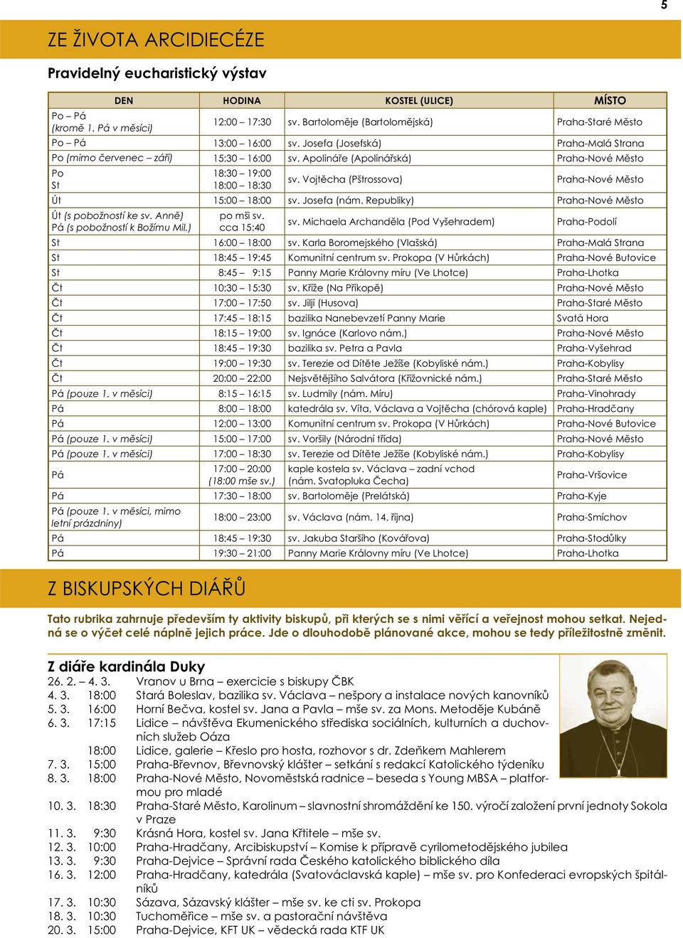 Vojtěcha (Pštrossova) Praha-Nové Město Út 15:00 18:00 sv. Josefa (nám. Republiky) Praha-Nové Město Út (s pobožností ke sv. Anně) Pá (s pobožností k Božímu Mil.) po mši sv. cca 15:40 sv.