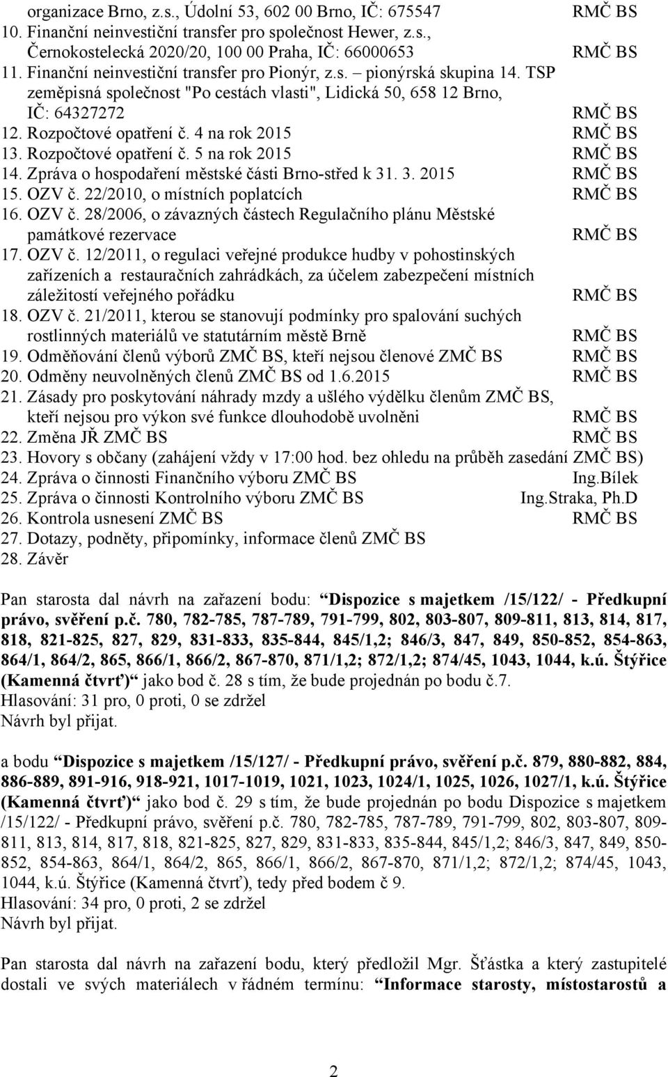 Rozpočtové opatření č. 5 na rok 2015 14. Zpráva o hospodaření městské části Brno-střed k 31. 3. 2015 15. OZV č. 22/2010, o místních poplatcích 16. OZV č. 28/2006, o závazných částech Regulačního plánu Městské památkové rezervace 17.