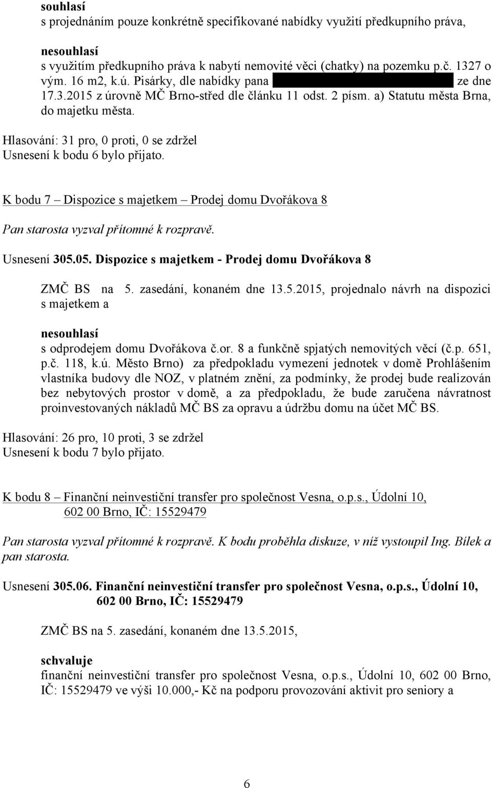Hlasování: 31 pro, 0 proti, 0 se zdržel Usnesení k bodu 6 bylo přijato. K bodu 7 Dispozice s majetkem Prodej domu Dvořákova 8 Usnesení 305.