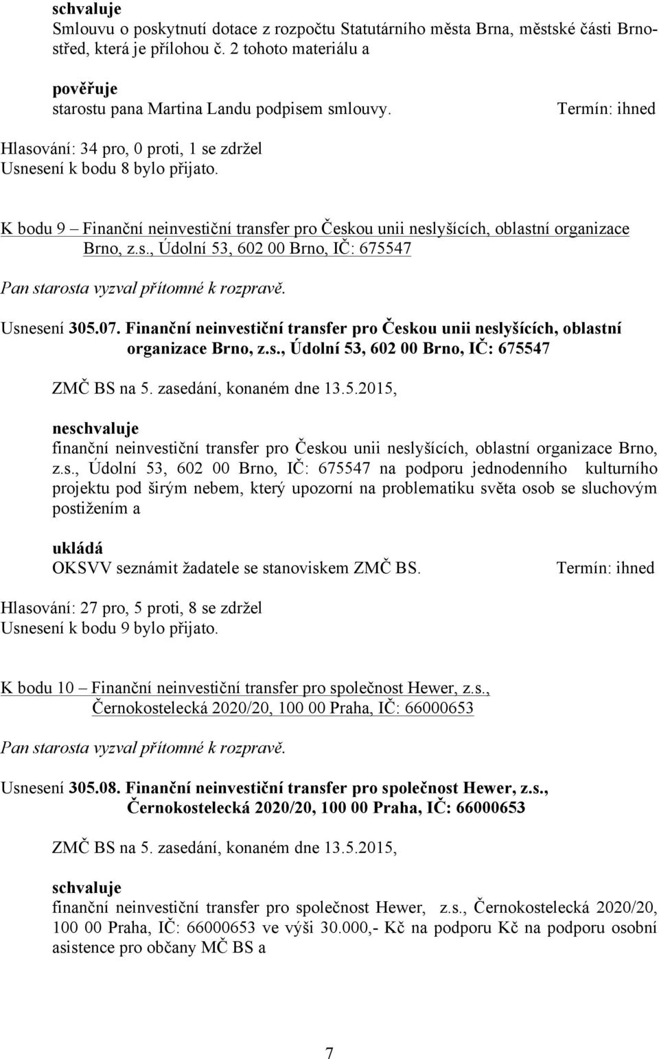 07. Finanční neinvestiční transfer pro Českou unii neslyšících, oblastní organizace Brno, z.s., Údolní 53, 602 00 Brno, IČ: 675547 ne finanční neinvestiční transfer pro Českou unii neslyšících, oblastní organizace Brno, z.