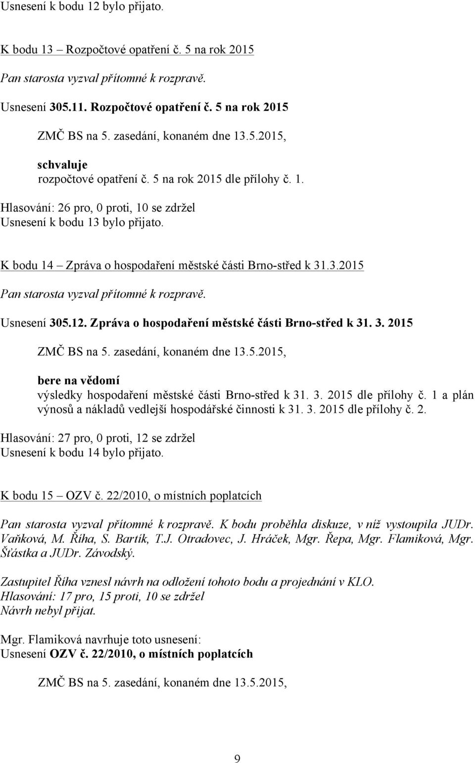 3. 2015 dle přílohy č. 1 a plán výnosů a nákladů vedlejší hospodářské činnosti k 31. 3. 2015 dle přílohy č. 2. Hlasování: 27 pro, 0 proti, 12 se zdržel Usnesení k bodu 14 bylo přijato.