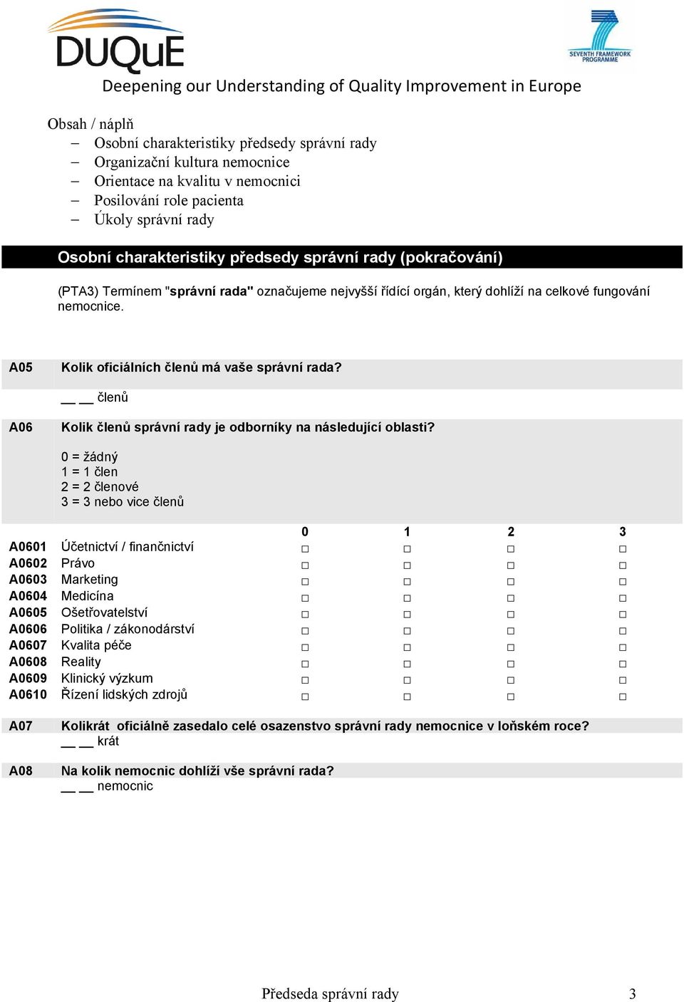 0 = žádný 1 = 1 člen 2 = 2 členové 3 = 3 nebo vice členů 0 1 2 3 A0601 Účetnictví / finančnictví A0602 Právo A0603 Marketing A0604 Medicína A0605 Ošetřovatelství A0606 Politika /