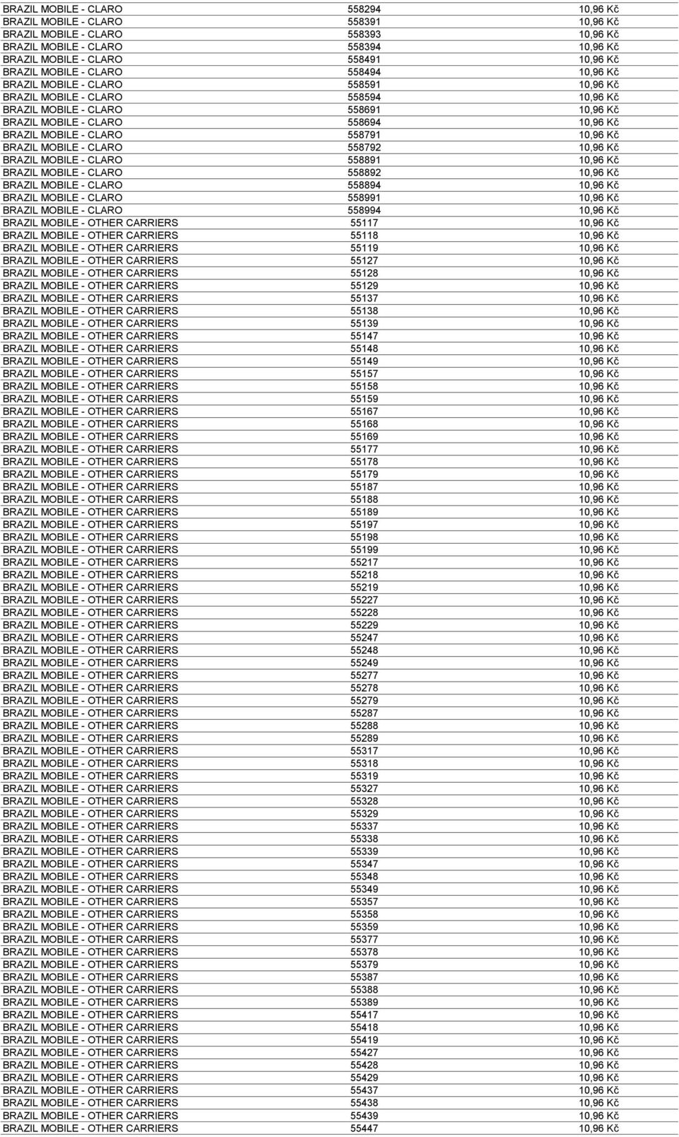 CLARO 558791 10,96 Kč BRAZIL MOBILE - CLARO 558792 10,96 Kč BRAZIL MOBILE - CLARO 558891 10,96 Kč BRAZIL MOBILE - CLARO 558892 10,96 Kč BRAZIL MOBILE - CLARO 558894 10,96 Kč BRAZIL MOBILE - CLARO