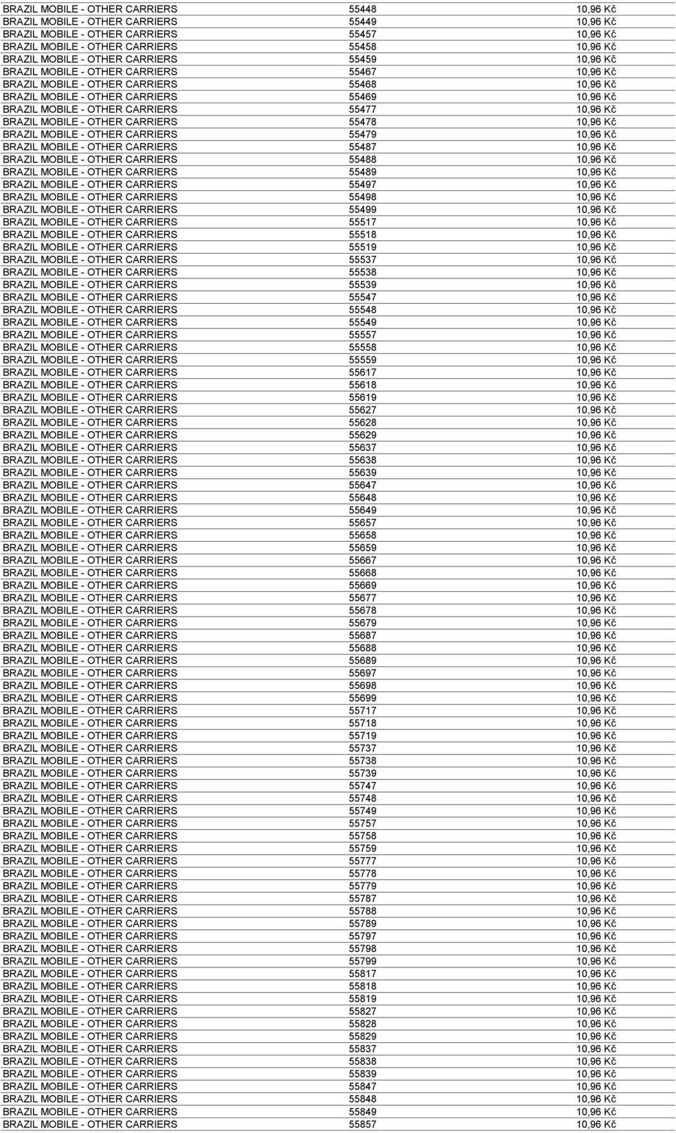 55477 10,96 Kč BRAZIL MOBILE - OTHER CARRIERS 55478 10,96 Kč BRAZIL MOBILE - OTHER CARRIERS 55479 10,96 Kč BRAZIL MOBILE - OTHER CARRIERS 55487 10,96 Kč BRAZIL MOBILE - OTHER CARRIERS 55488 10,96 Kč