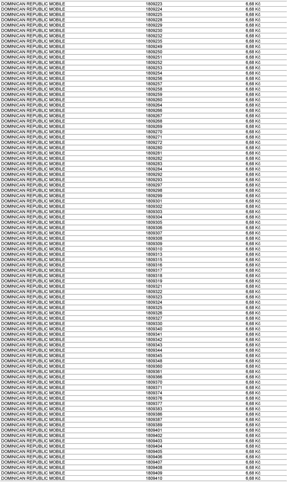 REPUBLIC MOBILE 1809250 6,68 Kč DOMINICAN REPUBLIC MOBILE 1809251 6,68 Kč DOMINICAN REPUBLIC MOBILE 1809252 6,68 Kč DOMINICAN REPUBLIC MOBILE 1809253 6,68 Kč DOMINICAN REPUBLIC MOBILE 1809254 6,68 Kč