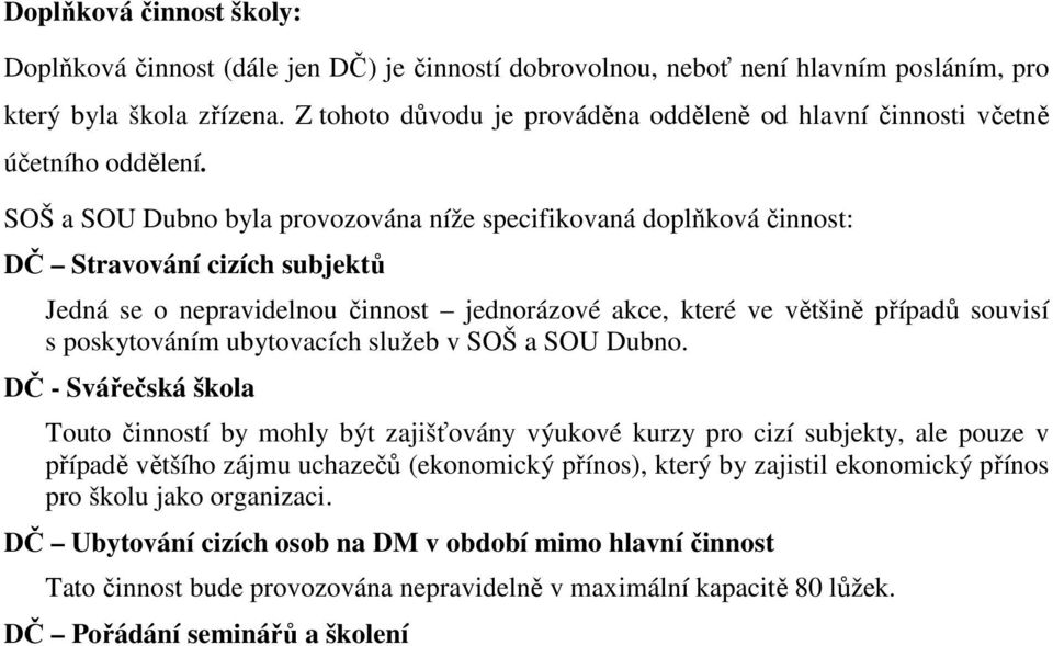 SOŠ a SOU Dubno byla provozována níže specifikovaná doplňková činnost: DČ Stravování cizích subjektů Jedná se o nepravidelnou činnost jednorázové akce, které ve většině případů souvisí s poskytováním