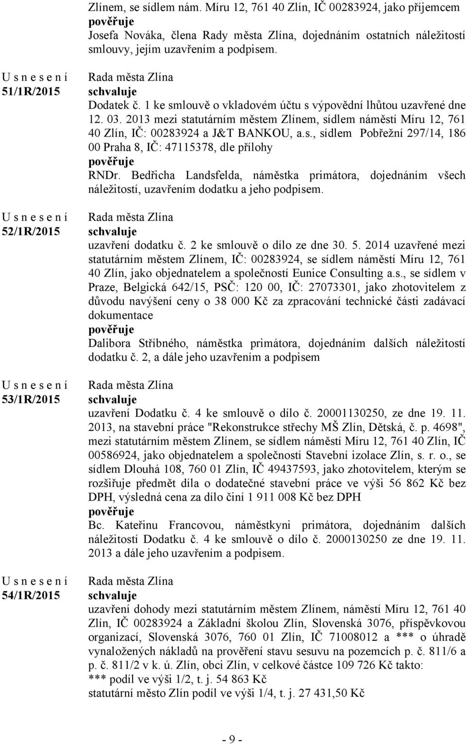 2013 mezi statutárním městem Zlínem, sídlem náměstí Míru 12, 761 40 Zlín, IČ: 00283924 a J&T BANKOU, a.s., sídlem Pobřežní 297/14, 186 00 Praha 8, IČ: 47115378, dle přílohy RNDr.