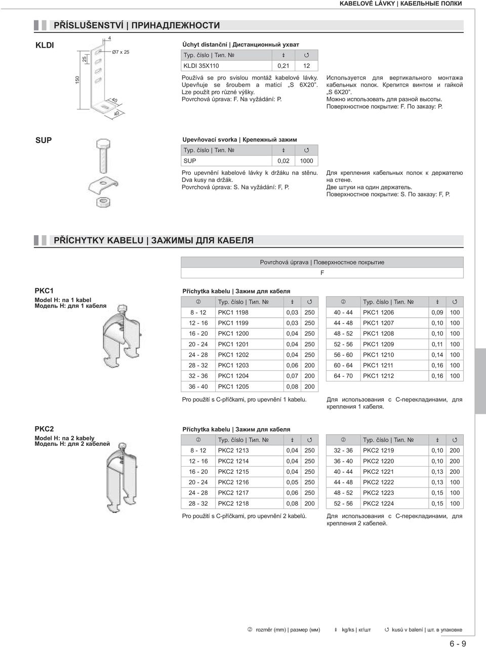Можно использовать для разной высоты. : F. : P. SUP Upevňovací svorka Крепежный зажим Typ. číslo Тип. SUP 0,02 1000 Pro upevnění kabelové lávky k držáku na stěnu. Dva kusy na držák. : S. : F, P.