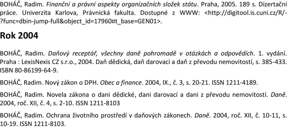 Daň dědická, daň darovací a daň z převodu nemovitostí, s. 385-433. ISBN 80-86199-64-9. BOHÁČ, Radim. Nový zákon o DPH. Obec a finance. 2004, IX., č. 3, s. 20-21. ISSN 1211-4189. BOHÁČ, Radim. Novela zákona o dani dědické, dani darovací a dani z převodu nemovitostí.