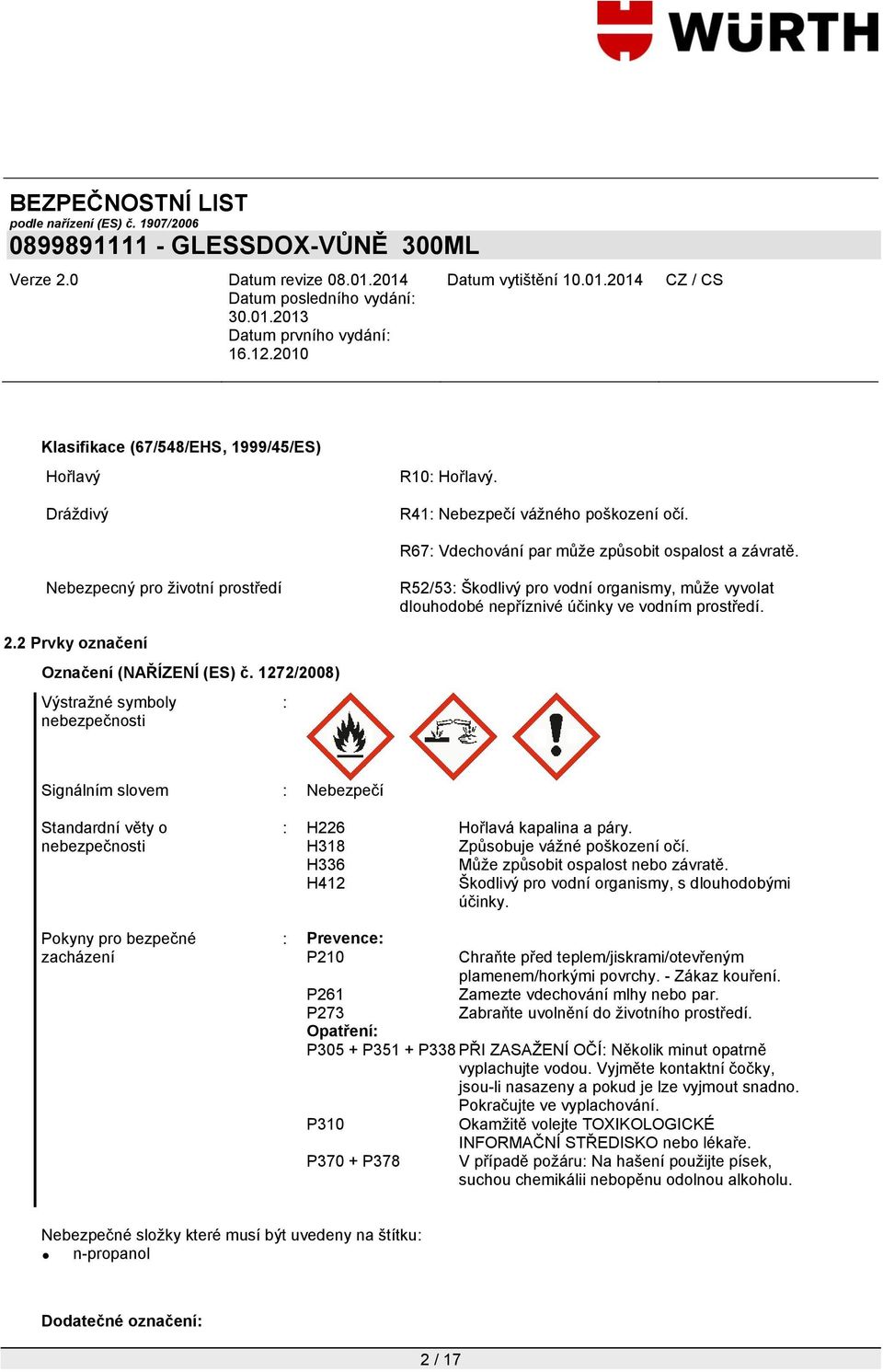 1272/2008) Výstraţné symboly nebezpečnosti : Signálním slovem : Nebezpečí Standardní věty o nebezpečnosti Pokyny pro bezpečné zacházení : H226 Hořlavá kapalina a páry.