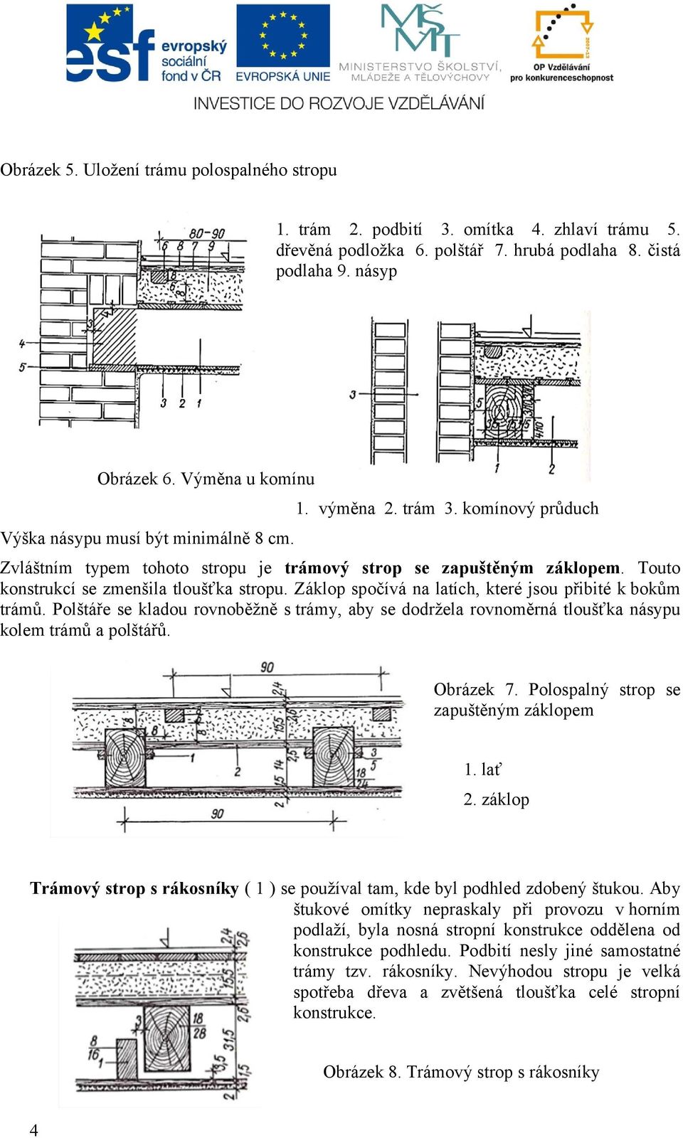 Touto konstrukcí se zmenšila tloušťka stropu. Záklop spočívá na latích, které jsou přibité k bokům trámů.