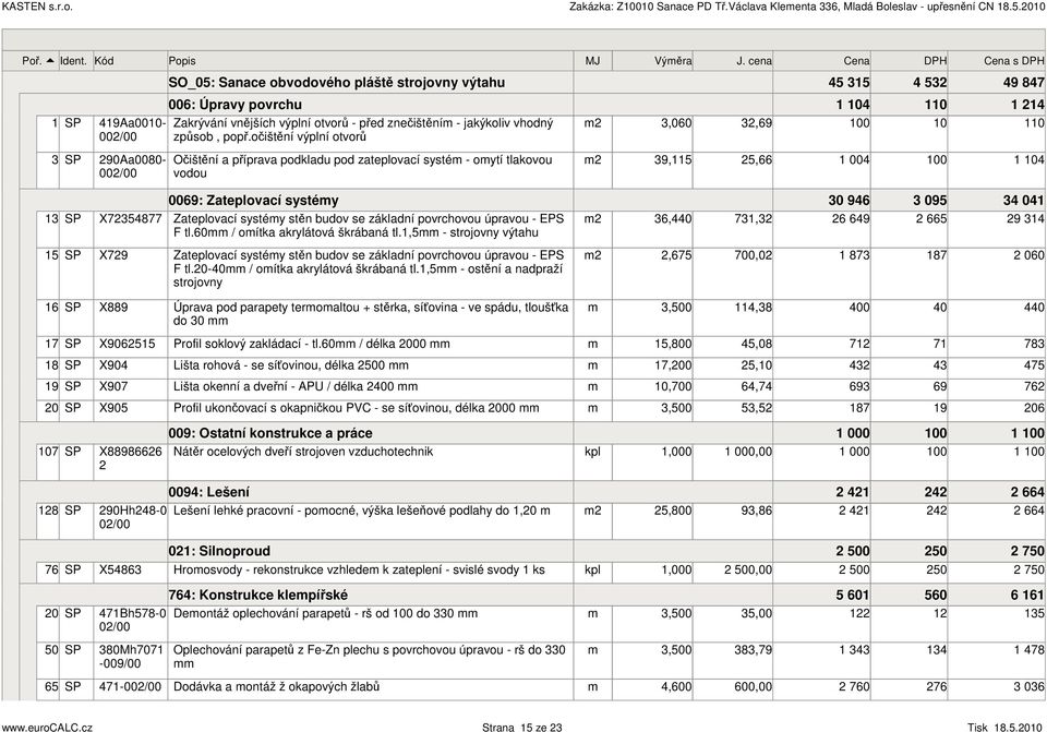 očištění výplní otvorů 90Aa0080 Očištění a příprava podkladu pod zateplovací systé oytí tlakovou vodou 9,,66 004 00 04 0069: Zateplovací systéy 0 946 09 4 04 X74877 Zateplovací systéy stěn budov se