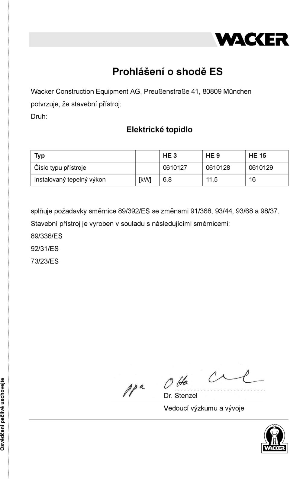 6,8 11,5 16 splňuje požadavky směrnice 89/392/ES se změnami 91/368, 93/44, 93/68 a 98/37.