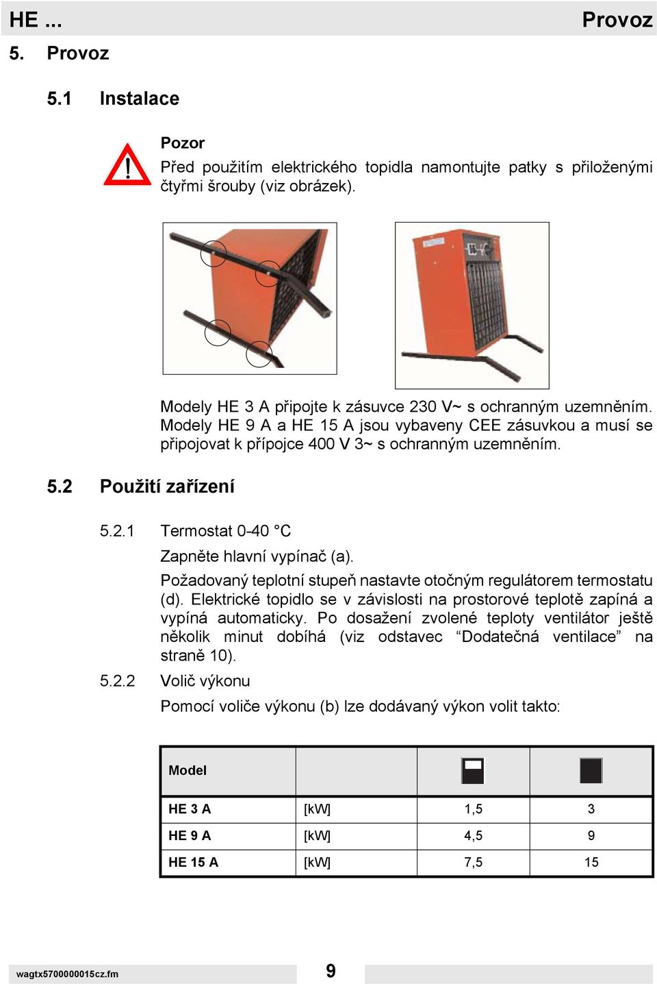 Požadovaný teplotní stupeň nastavte otočným regulátorem termostatu (d). Elektrické topidlo se v závislosti na prostorové teplotě zapíná a vypíná automaticky.