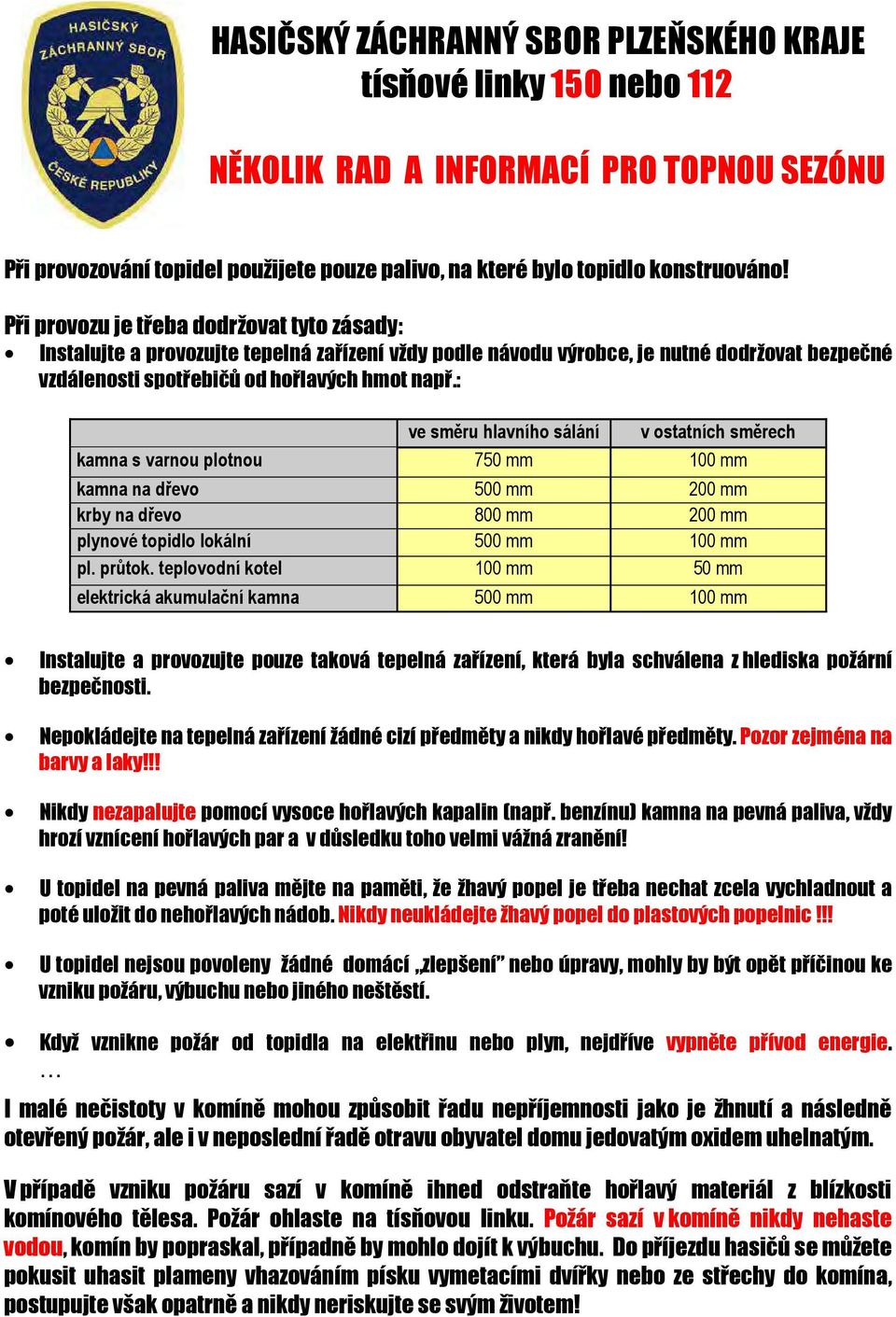 : ve směru hlavního sálání v ostatních směrech kamna s varnou plotnou 750 mm 100 mm kamna na dřevo 500 mm 200 mm krby na dřevo 800 mm 200 mm plynové topidlo lokální 500 mm 100 mm pl. průtok.