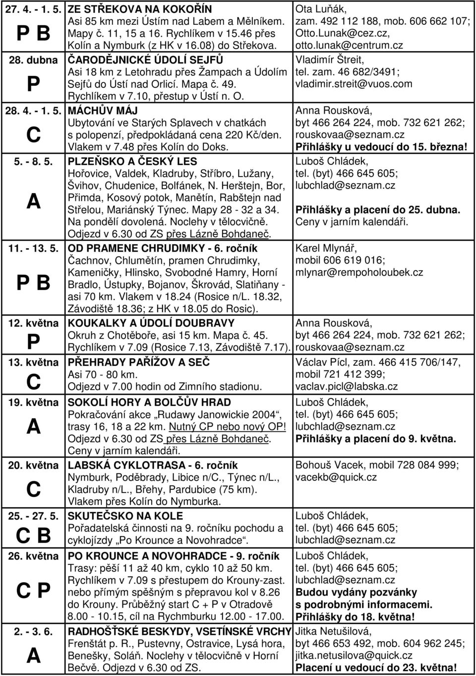 10, pestup v Ústí n. O. MÁHV MÁJ Ubytování ve Starých Splavech v chatkách s polopenzí, pedpokládaná cena 220 K/den. Vlakem v 7.48 pes Kolín do Doks.