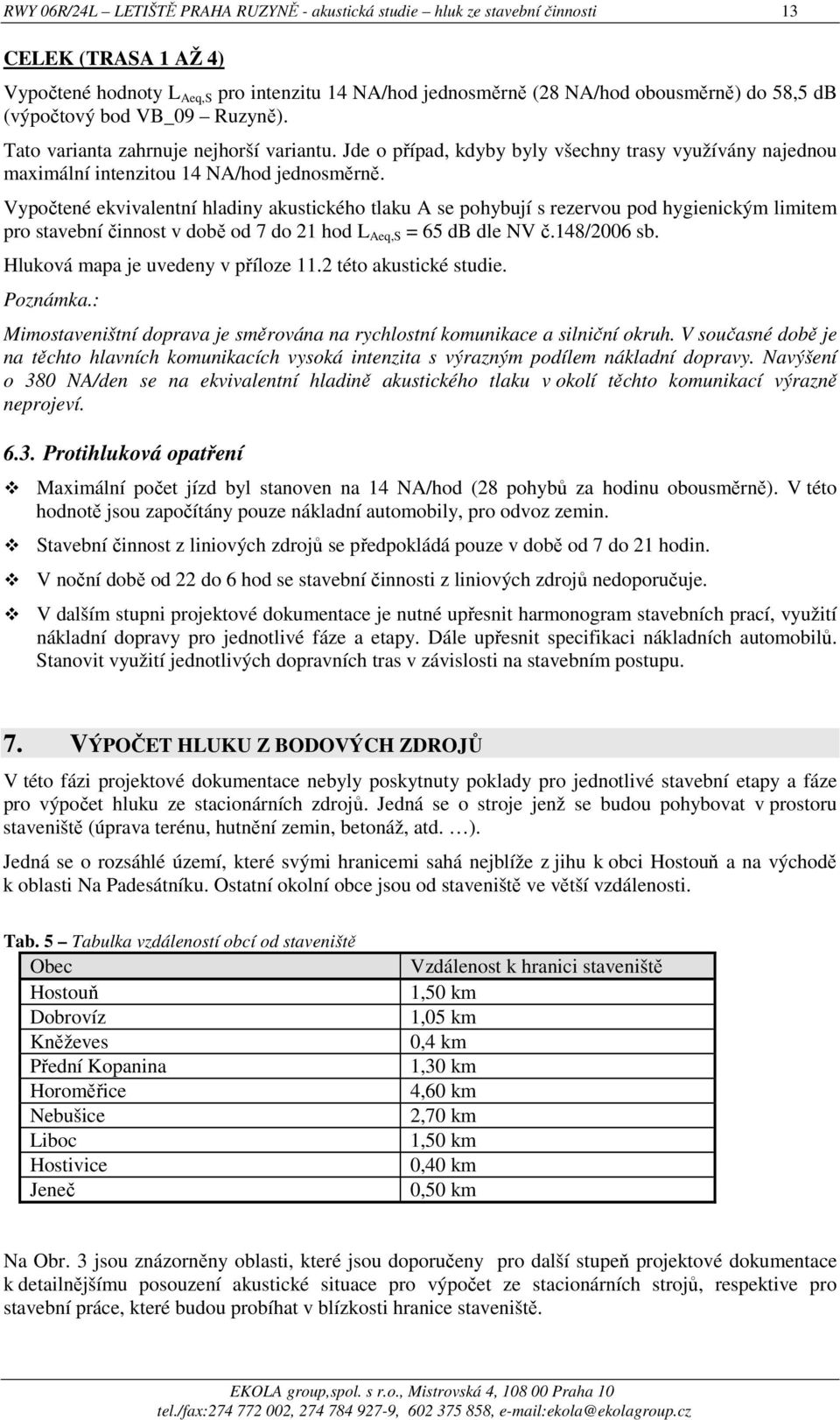 Vypočtené ekvivalentní hladiny akustického tlaku A se pohybují s rezervou pod hygienickým limitem pro stavební činnost v době od 7 do 21 hod = 65 db dle NV č.148/2006 sb.