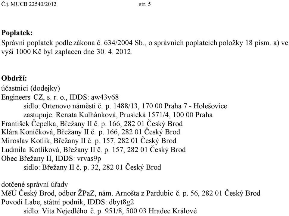 1488/13, 170 00 Praha 7 - Holešovice zastupuje: Renata Kulhánková, Prusická 1571/4, 100 00 Praha František Čepelka, Břežany II č. p. 166, 282 01 Český Brod Klára Koníčková, Břežany II č. p. 166, 282 01 Český Brod Miroslav Kotlík, Břežany II č.