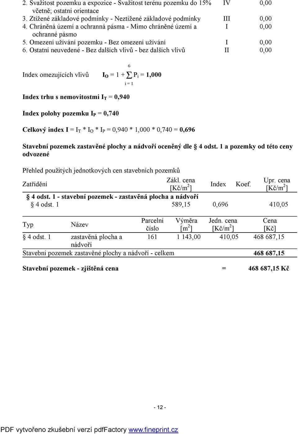 Ostatní neuvedené - Bez dalších vlivů - bez dalších vlivů II 0,00 Index omezujících vlivů I O = 1 +Σ P i = 1,000 Index trhu s nemovitostmi I T = 0,940 Index polohy pozemku I P = 0,740 Celkový index I