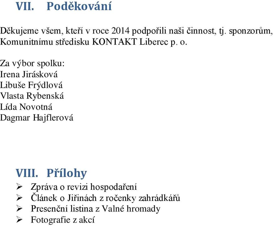 Za výbor spolku: Irena Jirásková Libuše Frýdlová Vlasta Rybenská Lída Novotná Dagmar