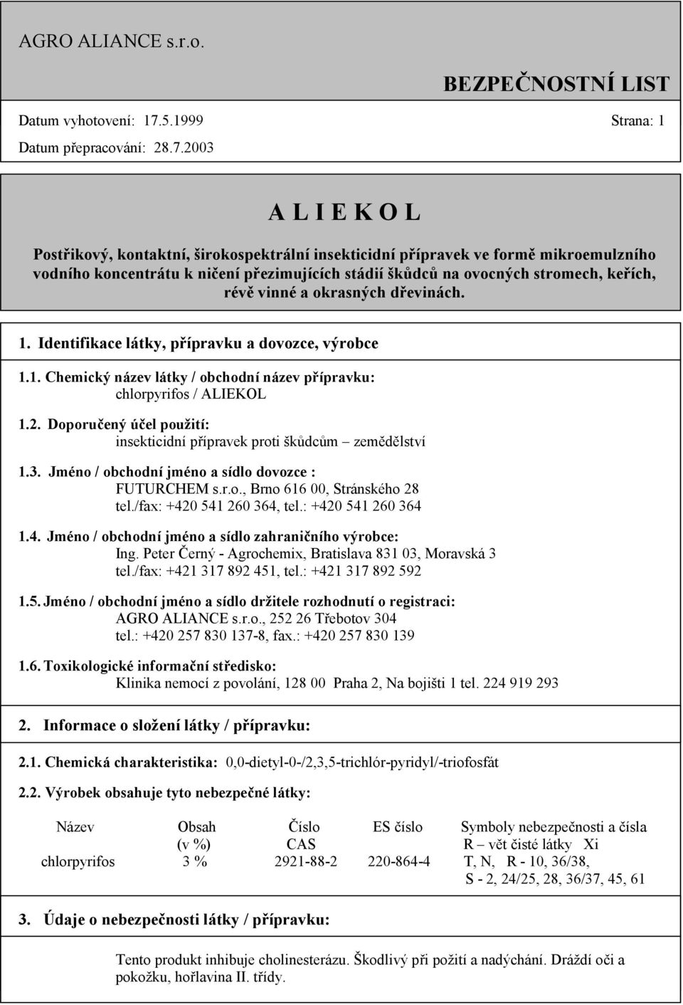 rév& vinné a okrasných devinách. 1. Identifikace látky, pípravku a dovozce, výrobce 1.1. Chemický název látky / obchodní název pípravku: chlorpyrifos / ALIEKOL 1.2.