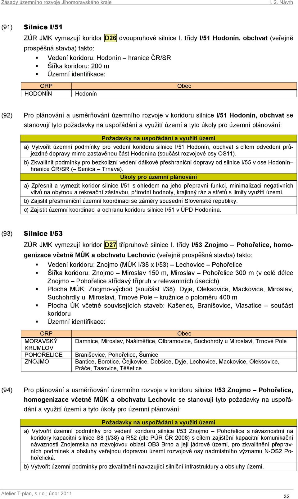 silnice I/51 Hodonín, obchvat se stanovují tyto požadavky na uspořádání a využití území a tyto úkoly pro územní plánování: a) Vytvořit územní podmínky pro vedení koridoru silnice I/51 Hodonín,