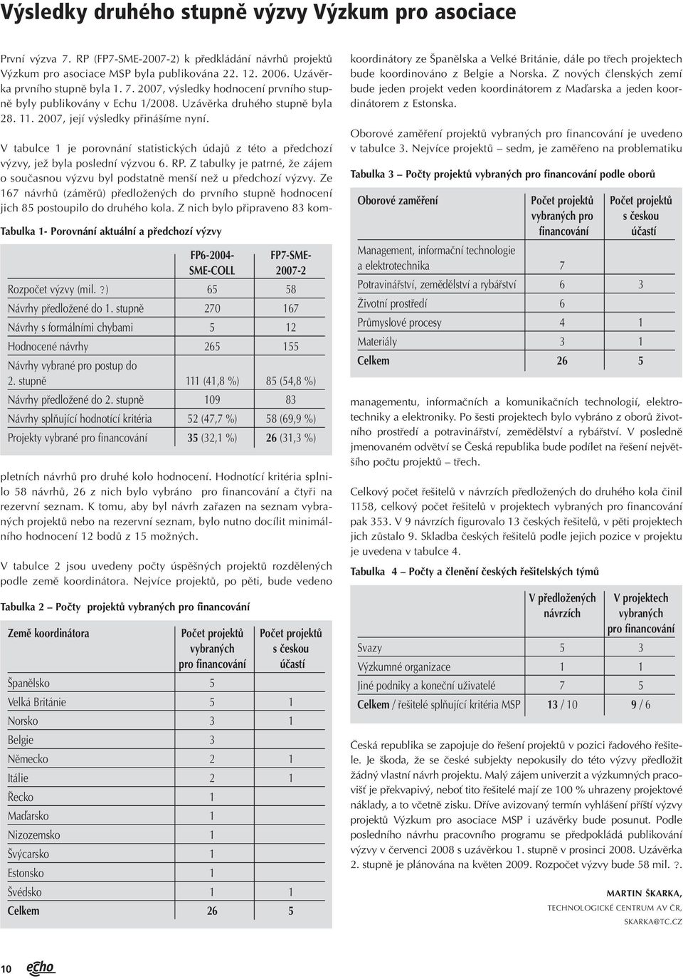 Tabulka 1- Porovnání aktuální a pfiedchozí v zvy FP6-2004- FP7-SME- SME-COLL 2007-2 Rozpoãet v zvy (mil.?) 65 58 Návrhy pfiedloïené do 1.