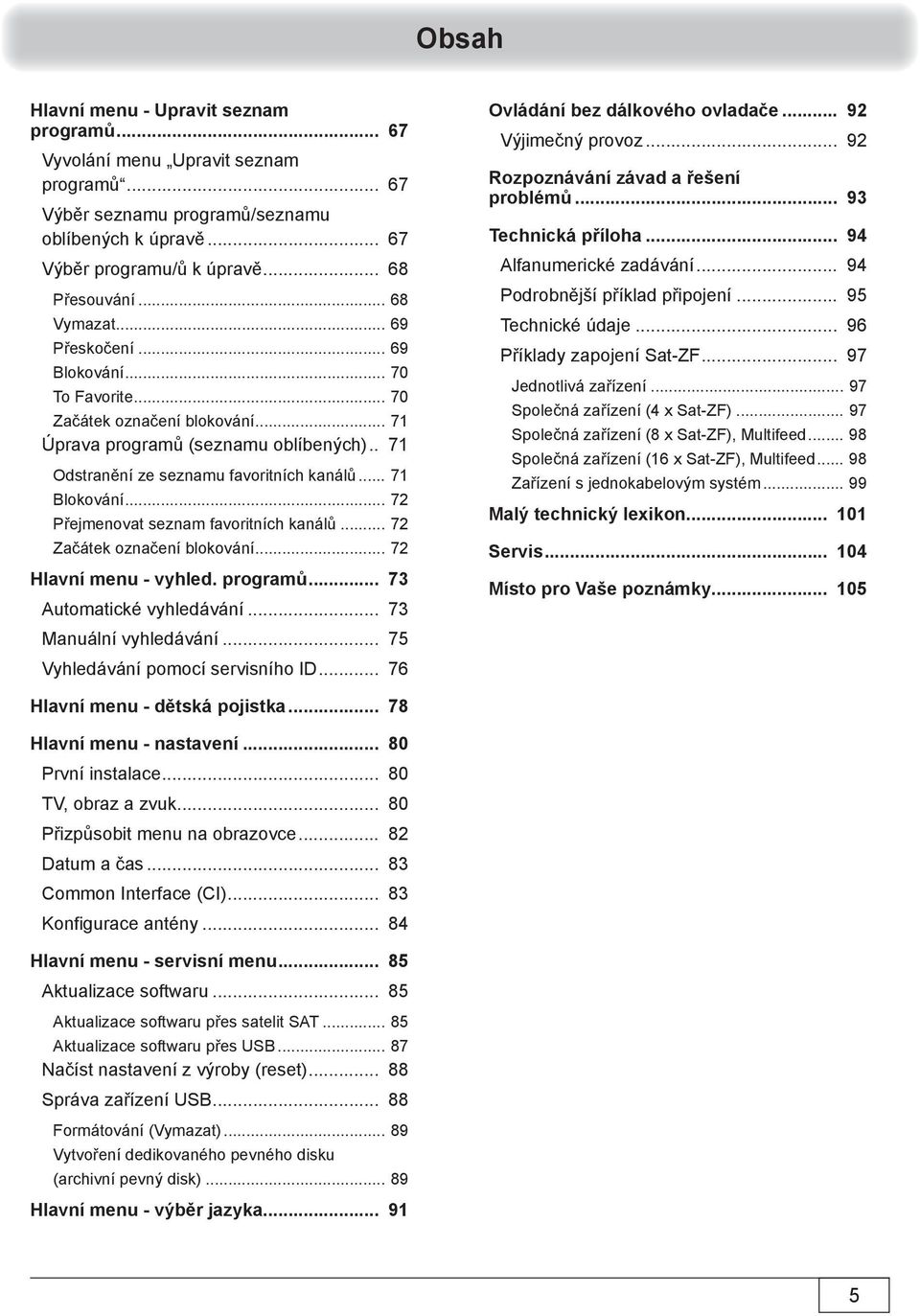 .. 71 Blokování... 72 Přejmenovat seznam favoritních kanálů... 72 Začátek označení blokování... 72 Hlavní menu - vyhled. programů... 73 Automatické vyhledávání... 73 Manuální vyhledávání.