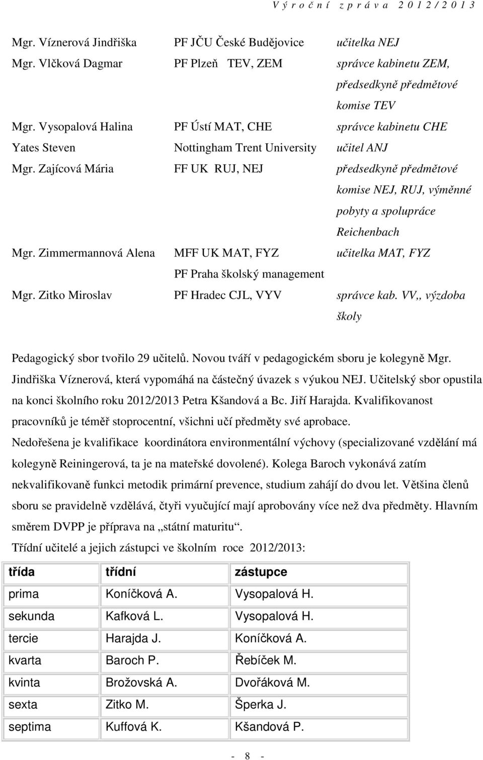 Zajícová Mária FF UK RUJ, NEJ předsedkyně předmětové komise NEJ, RUJ, výměnné pobyty a spolupráce Reichenbach Mgr.