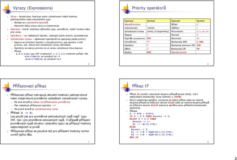 operátorů na operandy podle priority Nejprve se vyhodnotí operátor s nejvyšší prioritou, pak operátor s nižší prioritou, atd.