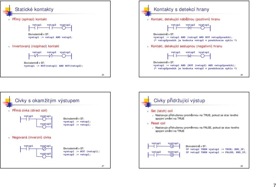 výstupem Cívky přidržující výstup Přímá cívka direct coil) vystup2 Negovaná inverzní) cívka := ; vystup2 := ; Set latch) coil Nastavuje přidruženou proměnnou na TRUE, pokud se stav levého