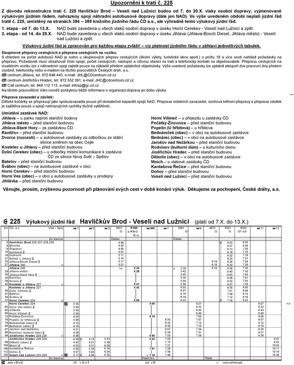 225, umístěný na stranáh 384 389 knižního jízdního řádu ČD a.s., ale výhradně tento výlukový jízdní řád. 1. etapa - od 7. do 13.X.