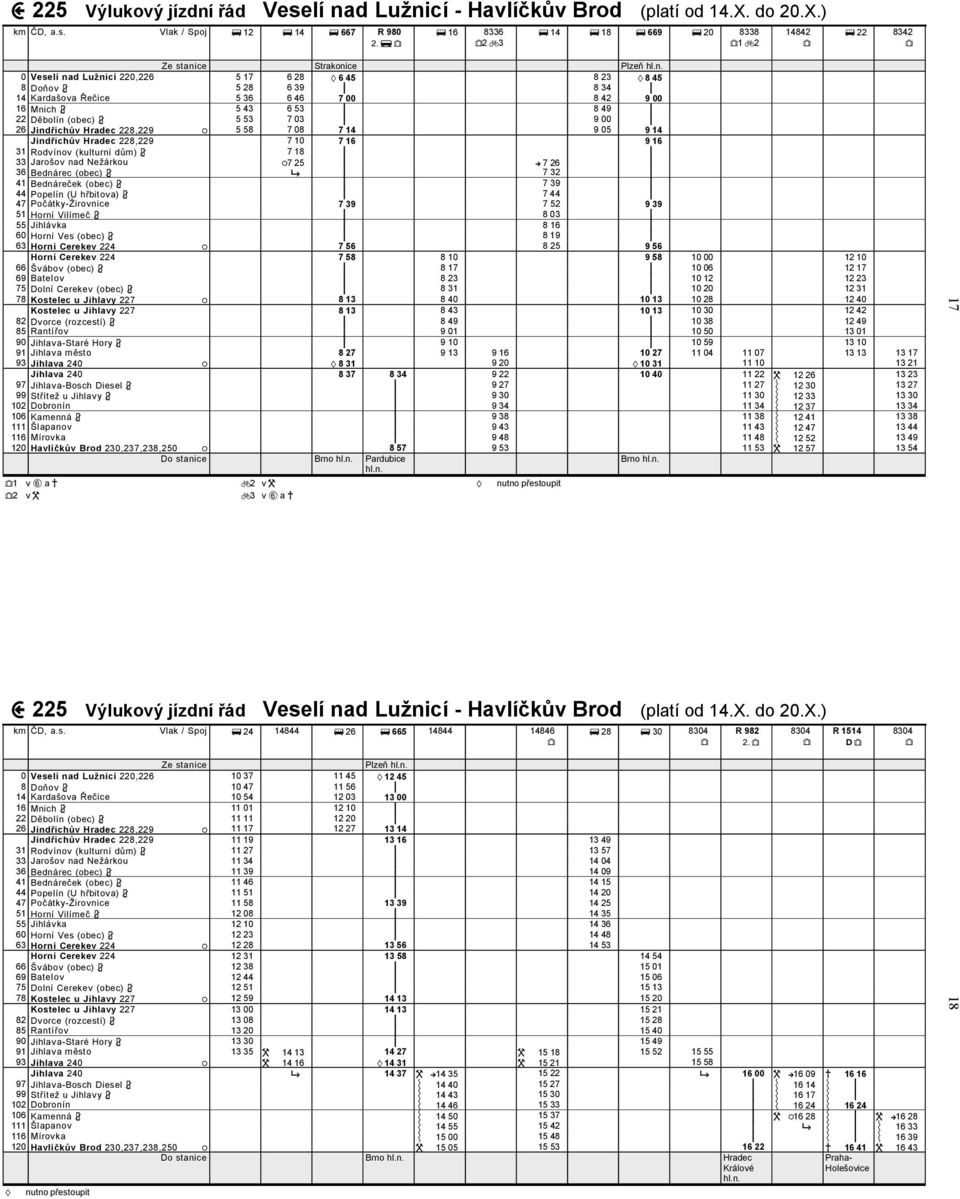 Vlak / Spoj e 12 e 14 e 667 R 980 f e 16 8336 2 3 e 14 e 18 e 669 e 20 8338 1 2 14842 e 22 8342 Ze stanie Strakonie Plzeň 0 Veselí nad Lužnií 220,226 5 17 6 28 N 6 45 8 23 N 8 45 8 Doňov 3 5 28 6 39