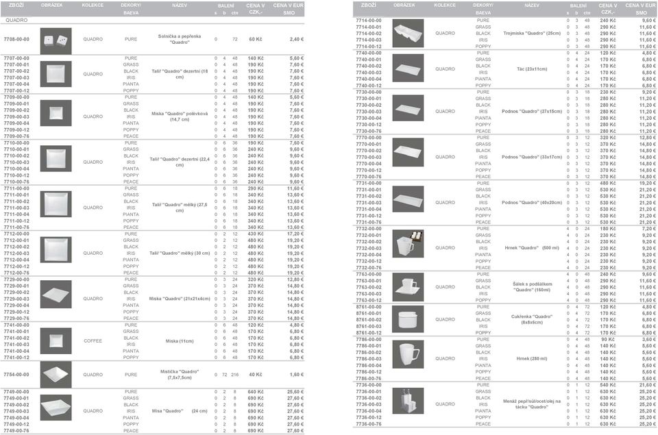 7709-00-02 00 02 BLACK 0 4 48 190 Kč 7,60 Miska "Quadro" polévková 7709-00-03 QUADRO IRIS 0 4 48 190 Kč 7,60 (14,7 cm) 7709-00-04 PIANTA 0 4 48 190 Kč 7,60 7709-00-12 POPPY 0 4 48 190 Kč 7,60
